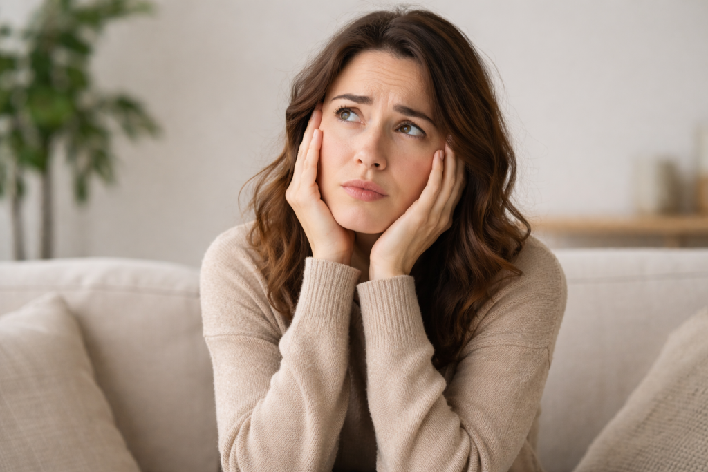 Nachdenkliche und verzweifelte Frau sitzt alleine und wirkt emotional belastet und in Gedanken versunken