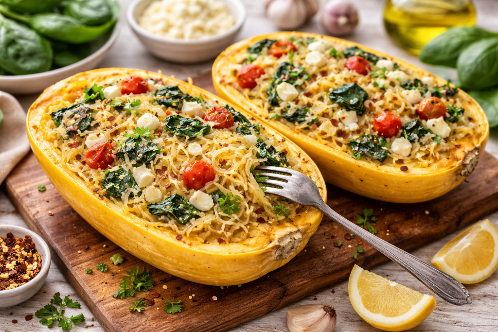 Spaghetti-Kürbis mit Spinat und Feta – gesundes Low-Carb Rezept aus dem Ofen