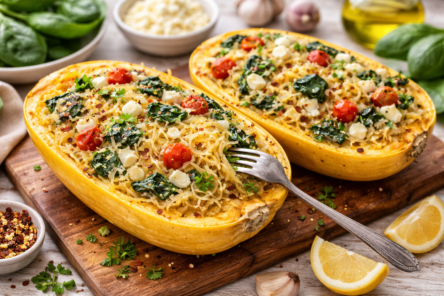 Spaghetti-Kürbis mit Spinat und Feta – gesundes Low-Carb Rezept aus dem Ofen