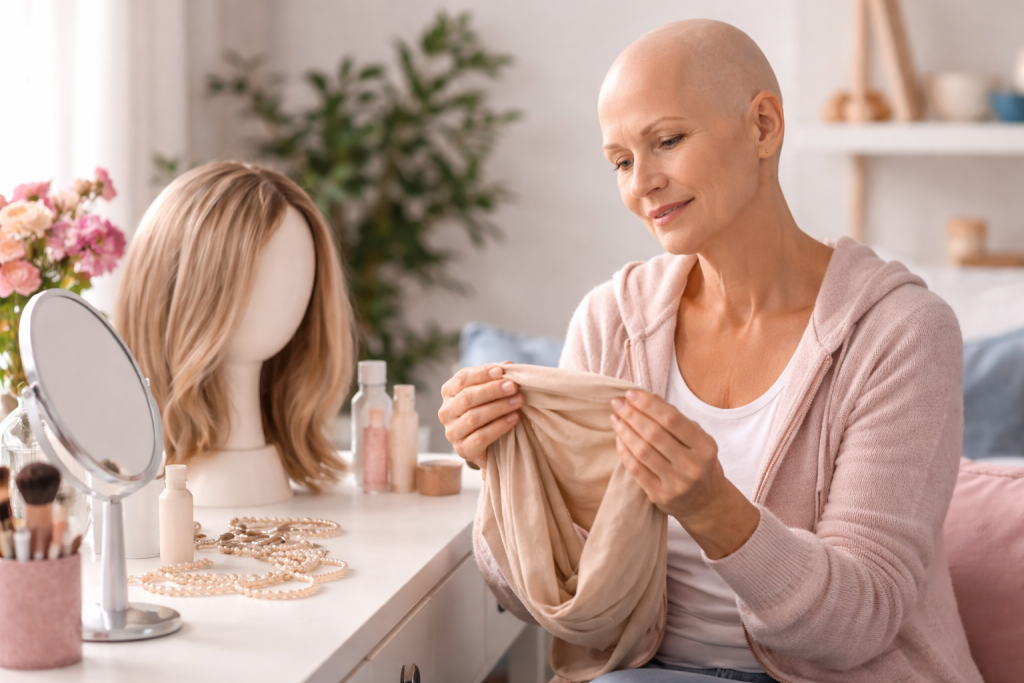 Frau mit Haarausfall blickt ruhig in den Spiegel – Umgang mit Haarverlust bei Krankheit