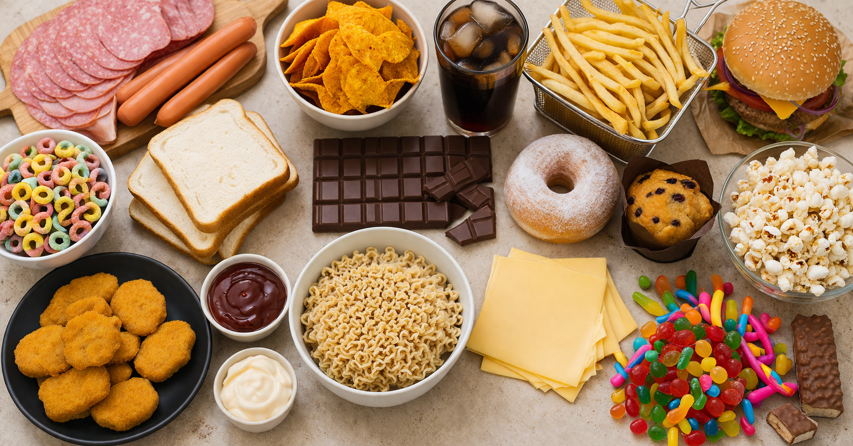 Auswahl an ungesunden Snacks wie Chips, Burger, Süßigkeiten und Softdrinks auf einem Tisch