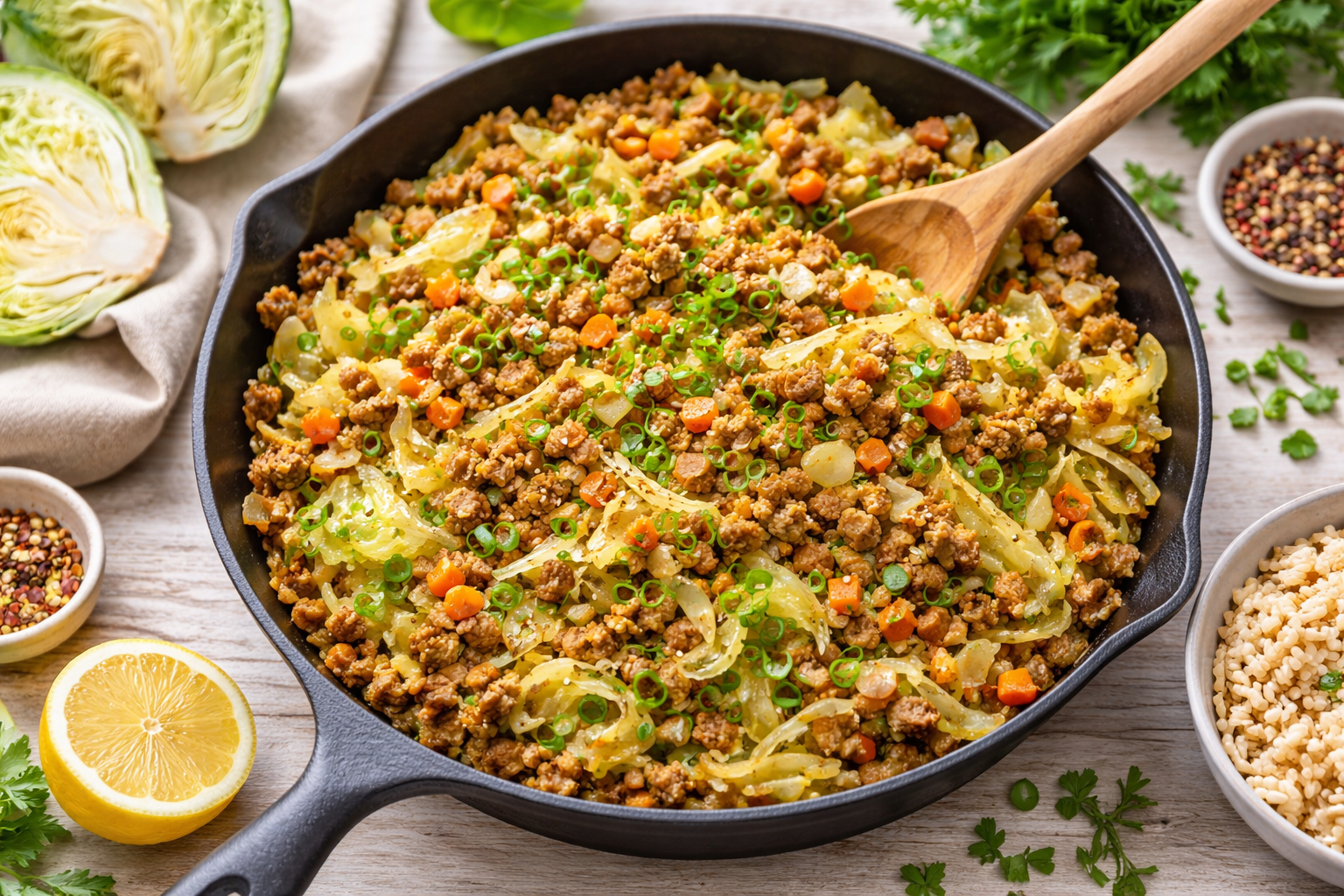 Spitzkohl Pfanne mit veganem Hackfleisch – gesundes, schnelles Pfannengericht