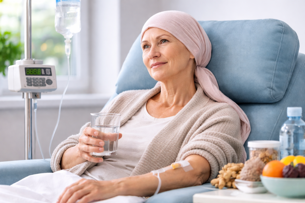 Chemotherapie Behandlung – Patientin während Chemo mit ruhiger und hoffnungsvoller Ausstrahlung