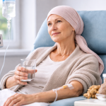Chemotherapie Behandlung – Patientin während Chemo mit ruhiger und hoffnungsvoller Ausstrahlung