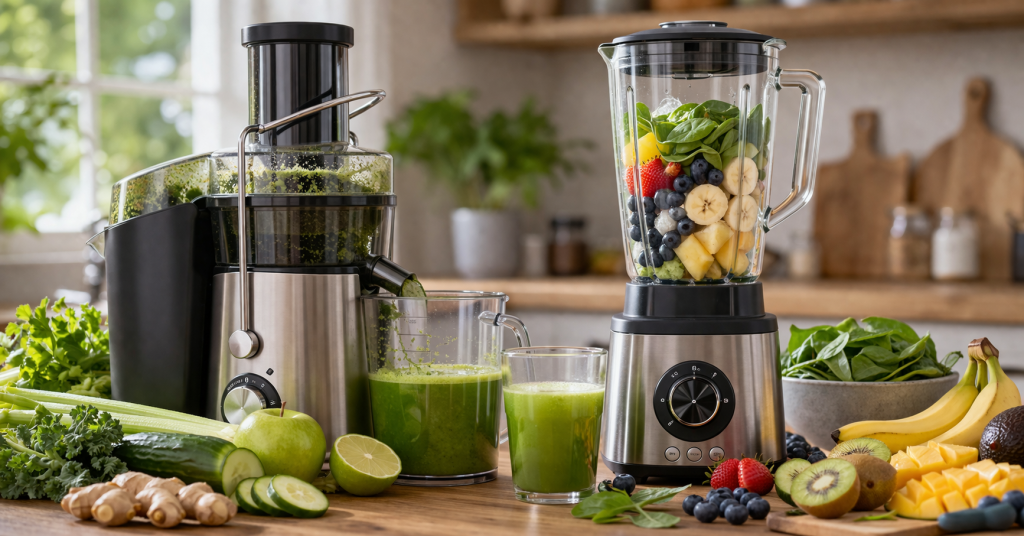 Entsafter und Mixer mit frischem Obst und Gemüse sowie grünem Saft und Smoothie in der Küche
