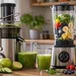 Entsafter und Mixer mit frischem Obst und Gemüse sowie grünem Saft und Smoothie in der Küche