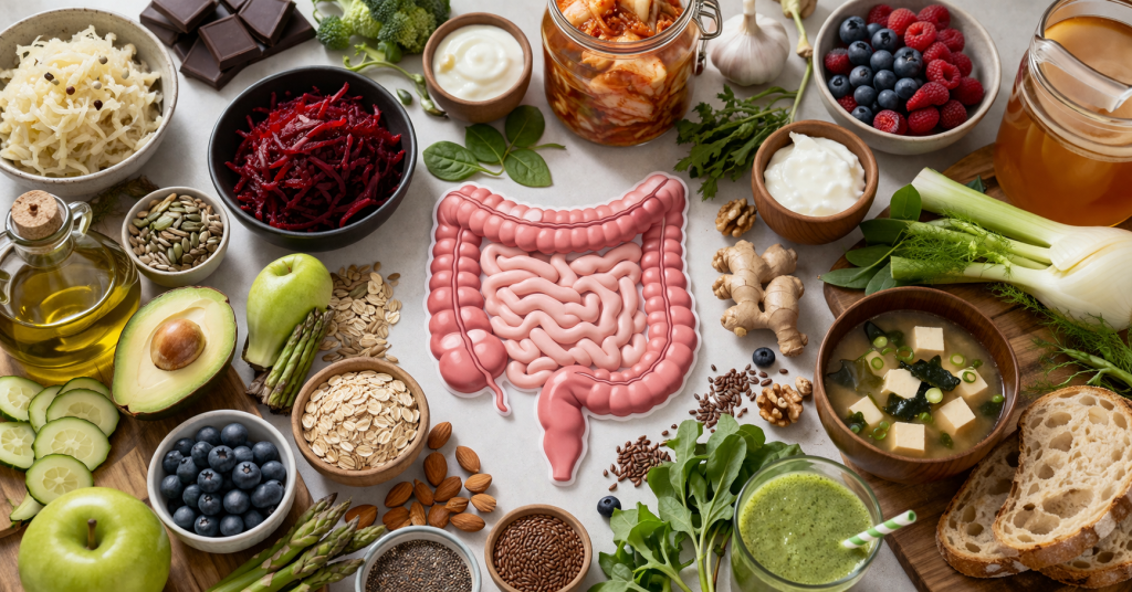 Lebensmittel für ein gesundes Mikrobiom wie fermentierte Produkte, Obst, Gemüse und Ballaststoffe mit Darm Illustration