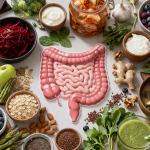 Lebensmittel für ein gesundes Mikrobiom wie fermentierte Produkte, Obst, Gemüse und Ballaststoffe mit Darm Illustration