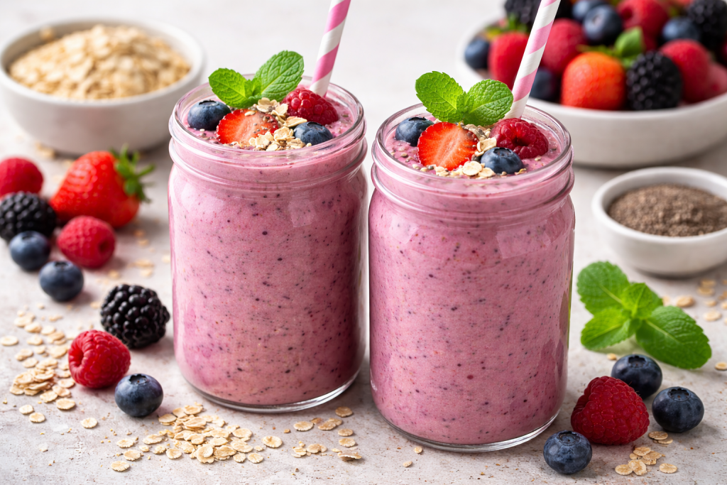 Fitness-Smoothie mit Beeren und Haferflocken – gesunder Protein-Drink für Energie und Muskelaufbau