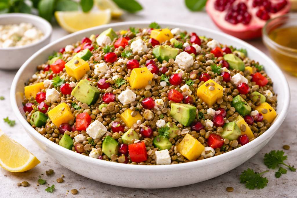 Linsensalat mit Feta, Mango und Granatapfelkernen – gesunder, bunter Salat mit frischen Zutaten