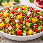 Linsensalat mit Feta, Mango und Granatapfelkernen – gesunder, bunter Salat mit frischen Zutaten