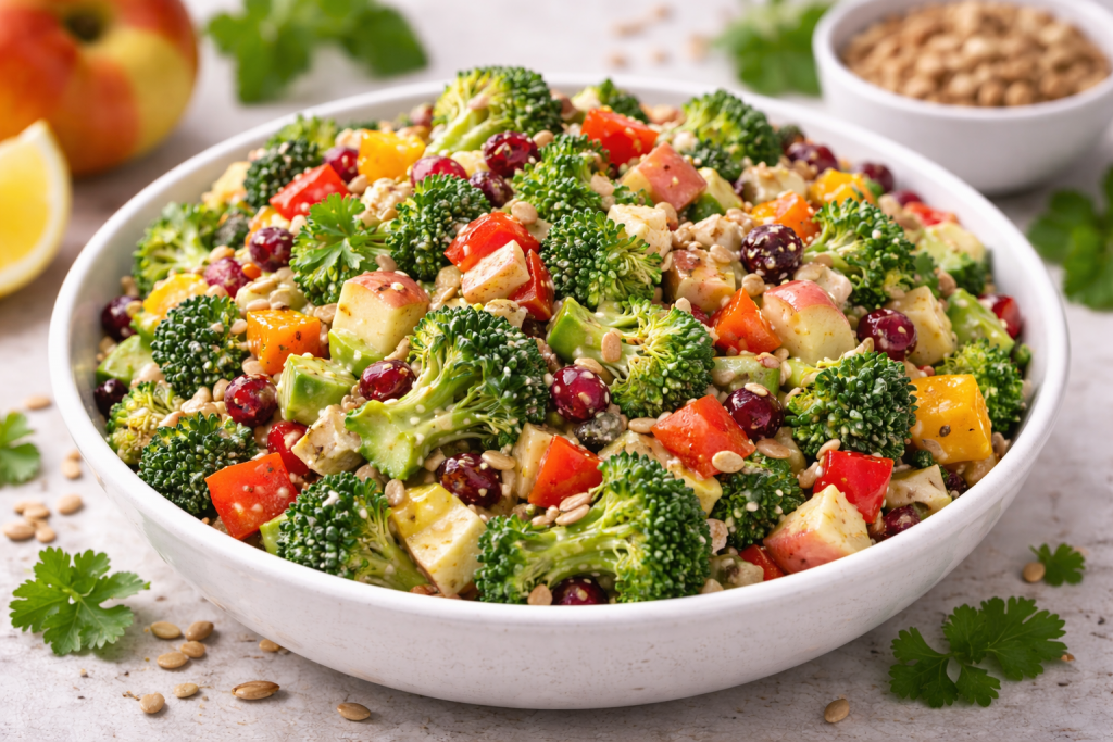 Brokkoli-Paprika-Apfel-Salat mit Sonnenblumenkernen – gesunder, frischer Rohkostsalat