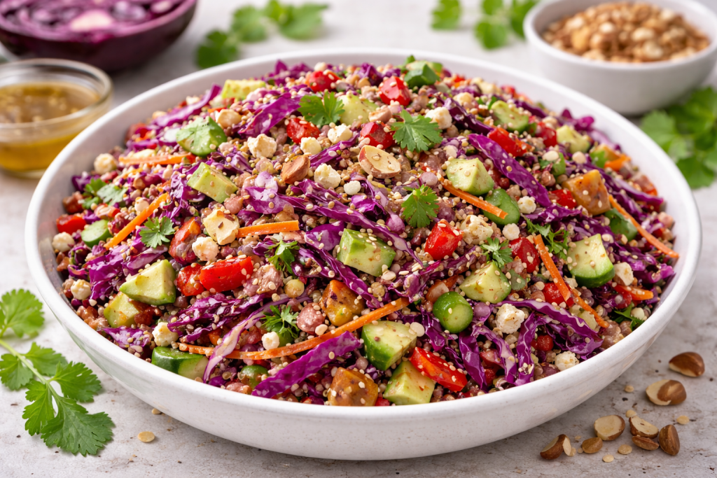 Rotkohl-Quinoa-Salat mit frischen Zutaten – gesunder, bunter Salat reich an Nährstoffen