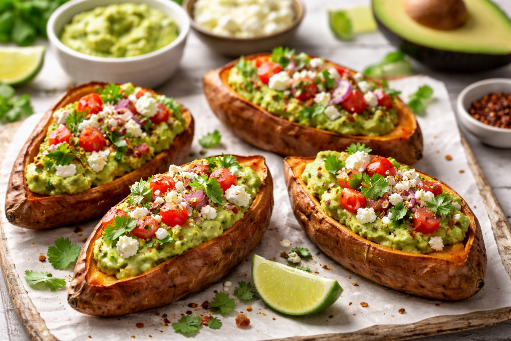 Gebackene Süßkartoffel mit Avocadocreme und Feta – gesundes, vegetarisches Ofengericht