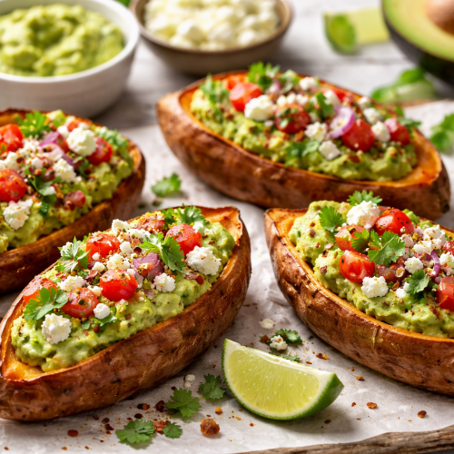 Gebackene Süßkartoffel mit Avocadocreme und Feta – gesundes, vegetarisches Ofengericht