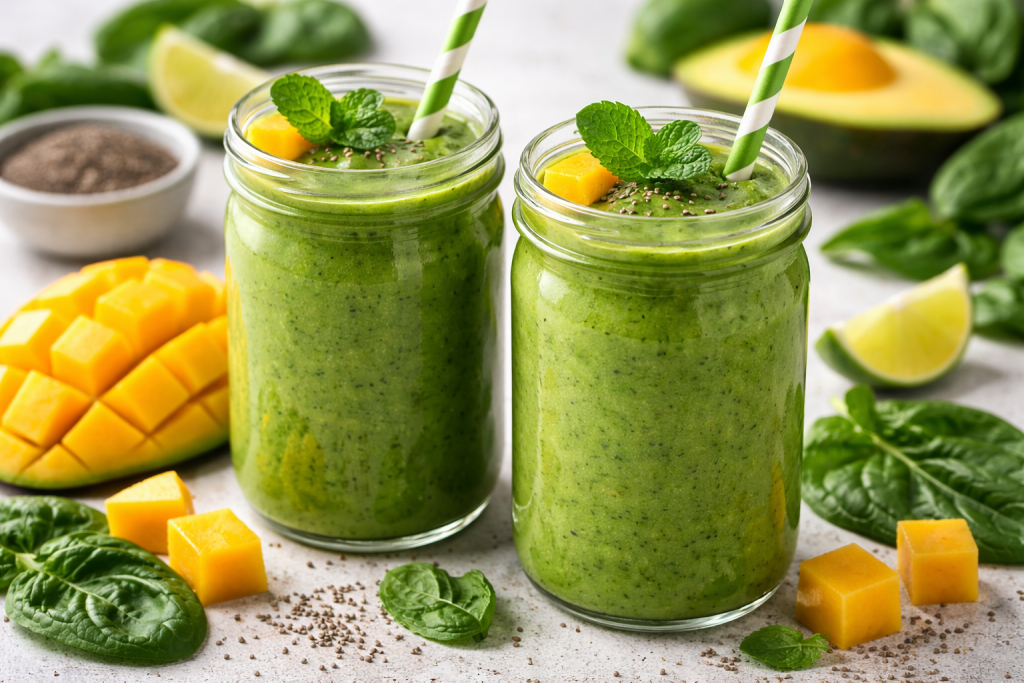 Grüner Smoothie mit Spinat und Mango – gesunder Detox Drink mit frischen Zutaten