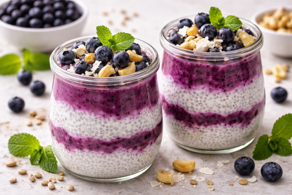 Wild-Heidelbeeren-Chiasamen-Gläschen mit Cashewkernen – gesundes Frühstück mit Superfoods