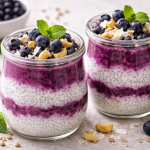 Wild-Heidelbeeren-Chiasamen-Gläschen mit Cashewkernen – gesundes Frühstück mit Superfoods