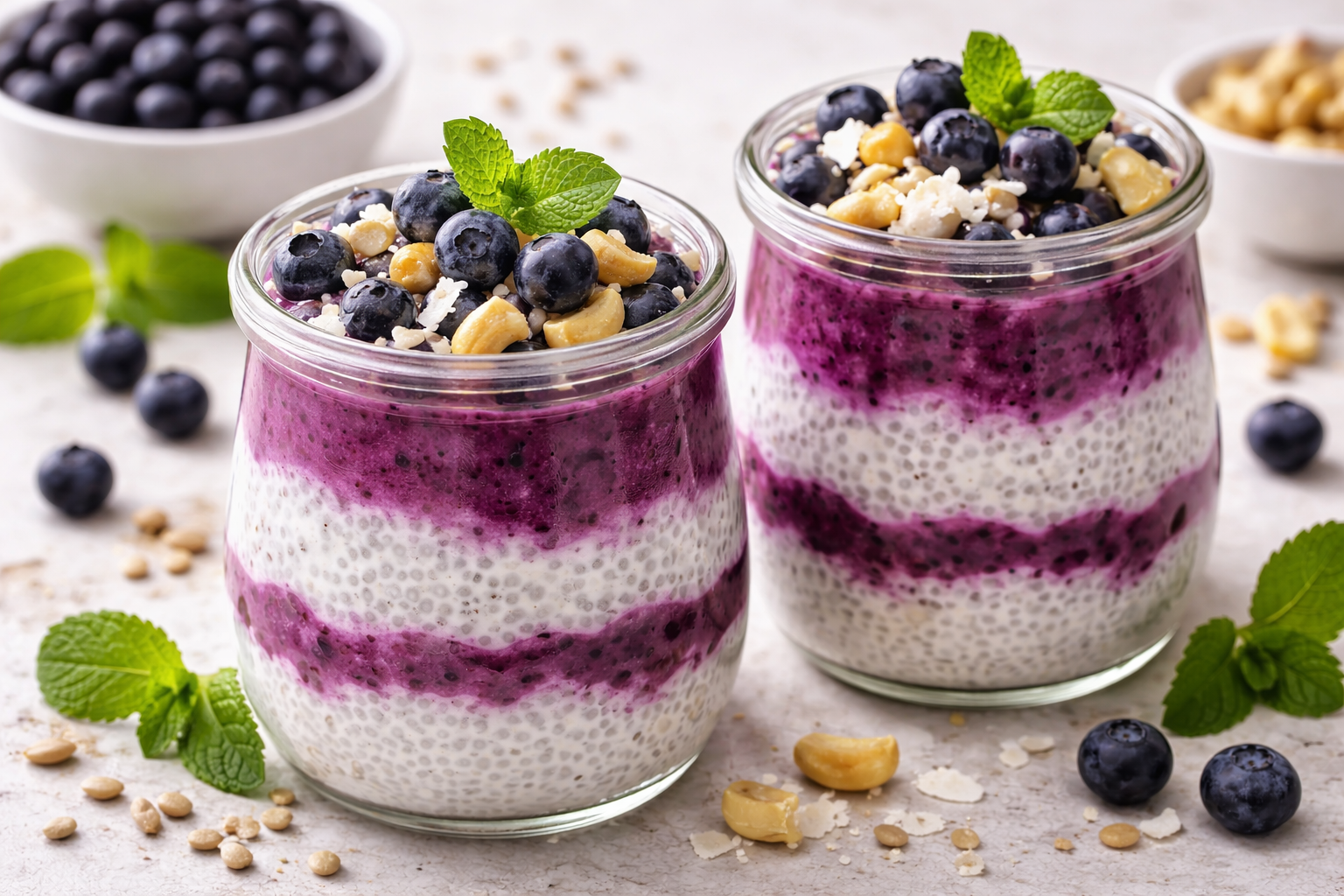 Wild-Heidelbeeren-Chiasamen-Gläschen mit Cashewkernen – gesundes Frühstück mit Superfoods
