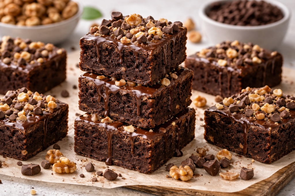 Saftige Schoko-Walnuss-Brownies mit knackigen Nüssen – einfaches Dessert Rezept