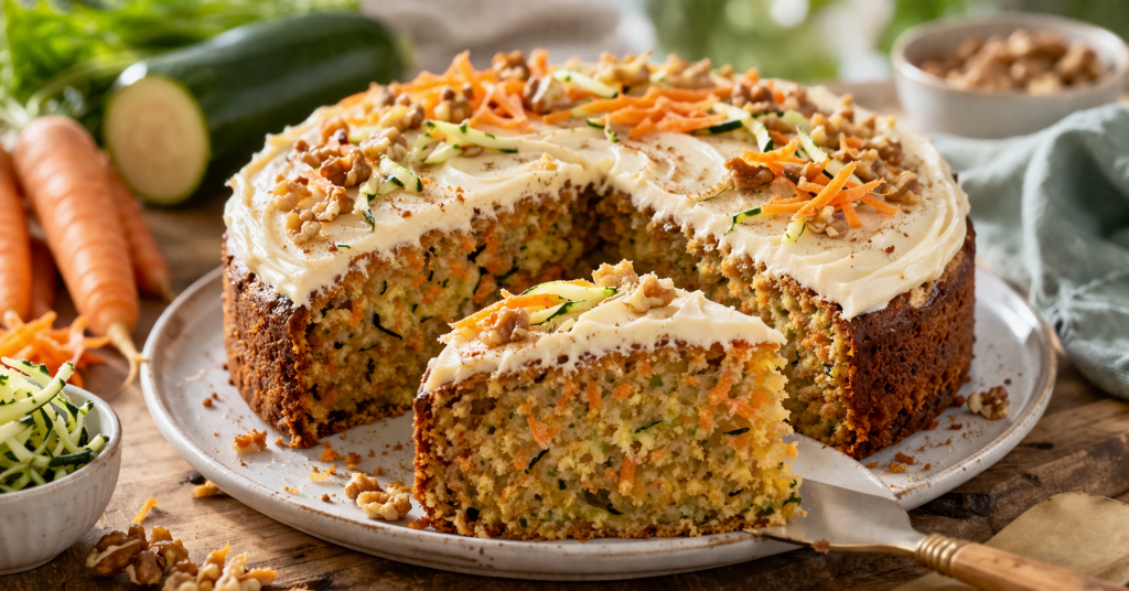 Saftiger Karotten Zucchini Kuchen mit Frischkäse Frosting und Nüssen auf einem Teller