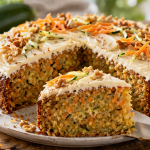 Saftiger Karotten Zucchini Kuchen mit Frischkäse Frosting und Nüssen auf einem Teller