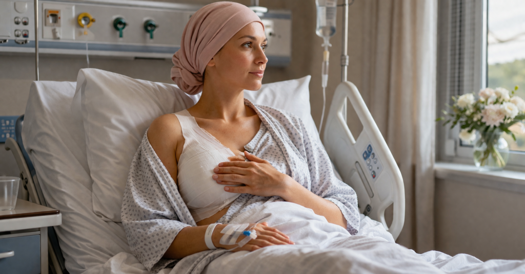 Frau nach Mastektomie im Krankenhausbett mit Verband und Kopftuch während der Genesung