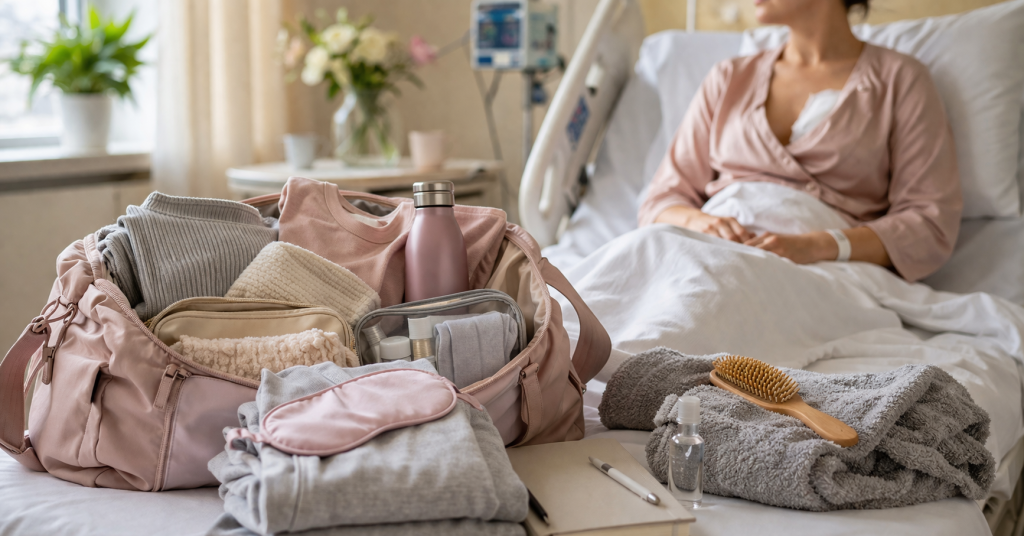 Gepackte Kliniktasche mit Kleidung und Pflegeprodukten im Krankenhauszimmer vor einer Patientin im Bett
