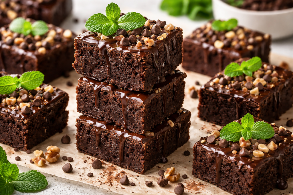 Zuckerfreie und glutenfreie Brownies mit frischer Minze dekoriert – gesundes Schokoladen Dessert