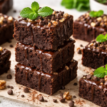 Zuckerfreie und glutenfreie Brownies mit frischer Minze dekoriert – gesundes Schokoladen Dessert