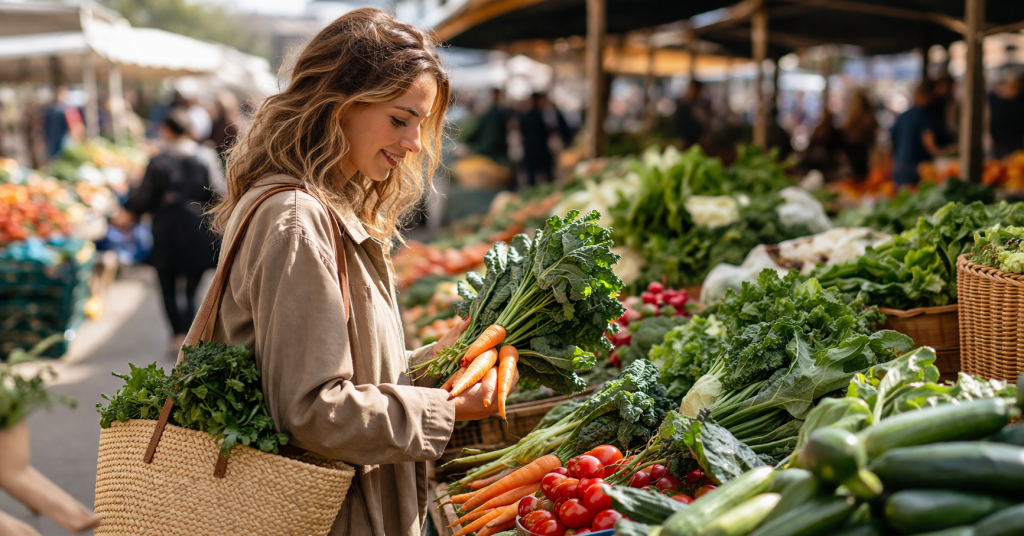 Frau kauft frisches Gemüse auf dem Wochenmarkt und hält Karotten und Blattgemüse in der Hand