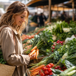 Frau kauft frisches Gemüse auf dem Wochenmarkt und hält Karotten und Blattgemüse in der Hand