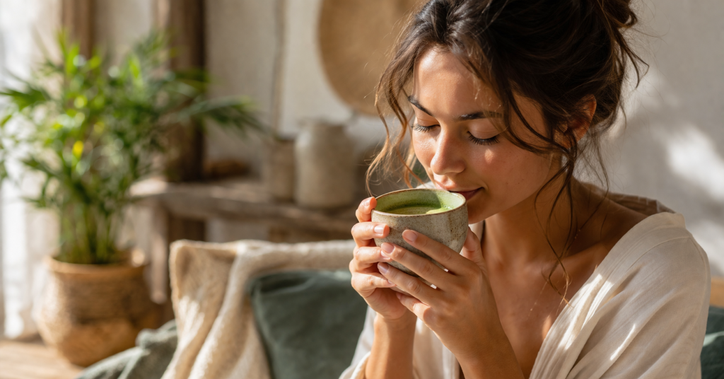 Frau trinkt Matcha Tee in ruhiger Umgebung mit natürlichem Licht und Pflanzen
