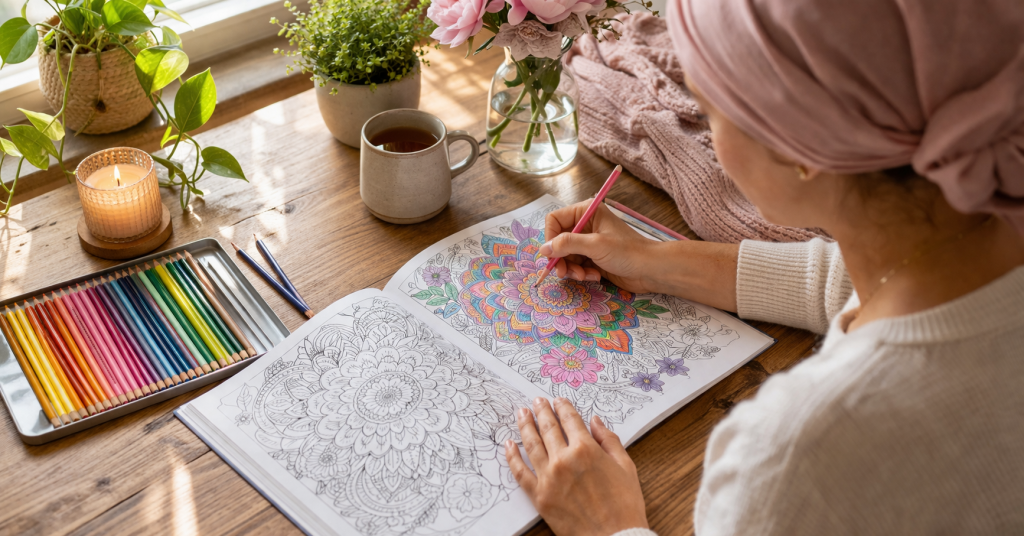 Frau malt in einem Malbuch mit bunten Stiften zur Entspannung während einer Therapiezeit