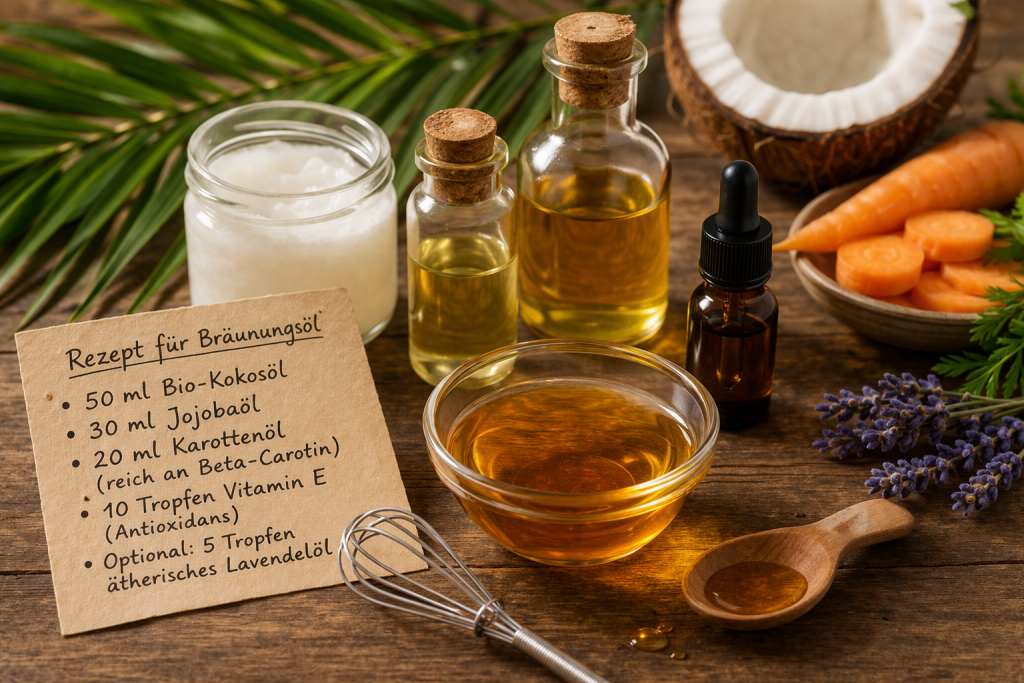 DIY Bräunungsöl Rezept mit Kokosöl, Jojobaöl und Karottenöl auf Holztisch mit natürlichen Zutaten