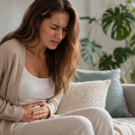 Frau sitzt mit Bauchschmerzen auf dem Sofa und hält sich den Bauch – typische Beschwerden bei gestörter Darmgesundheit und Entgiftung