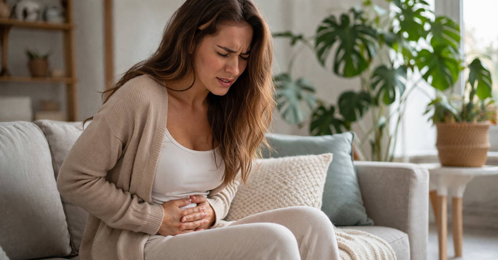 Frau sitzt mit Bauchschmerzen auf dem Sofa und hält sich den Bauch – typische Beschwerden bei gestörter Darmgesundheit und Entgiftung