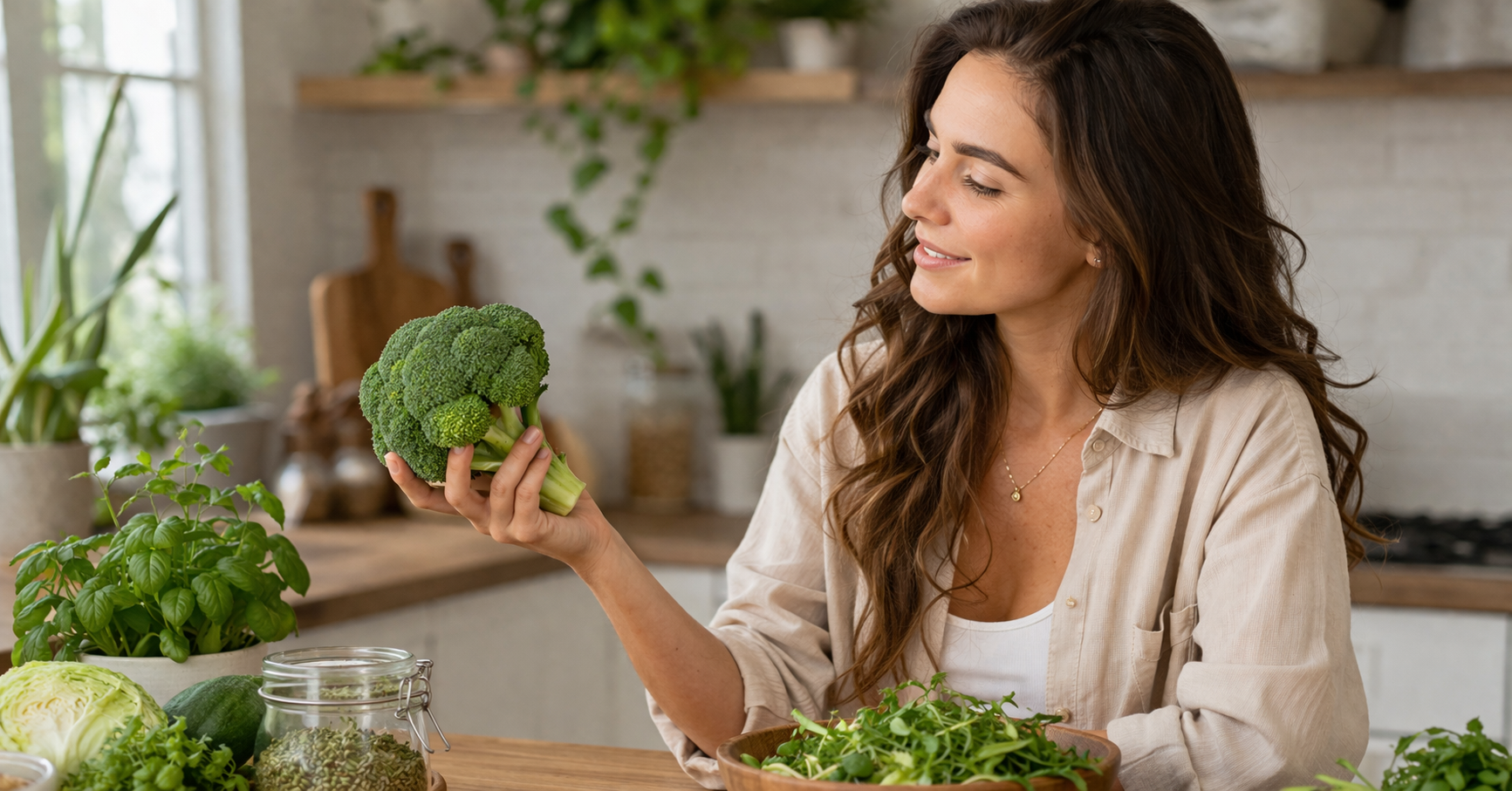 Frau hält frischen Brokkoli in der Hand und betrachtet ihn – Symbol für Brokkolisamen und ihre gesundheitlichen Vorteile