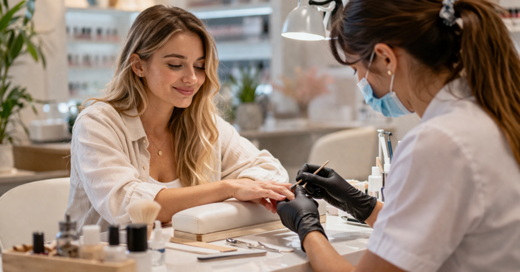 Frau bekommt Maniküre im Nagelstudio während die Nageldesignerin eine Schutzmaske trägt – Hinweis auf chemische Belastung bei Nagelpflege