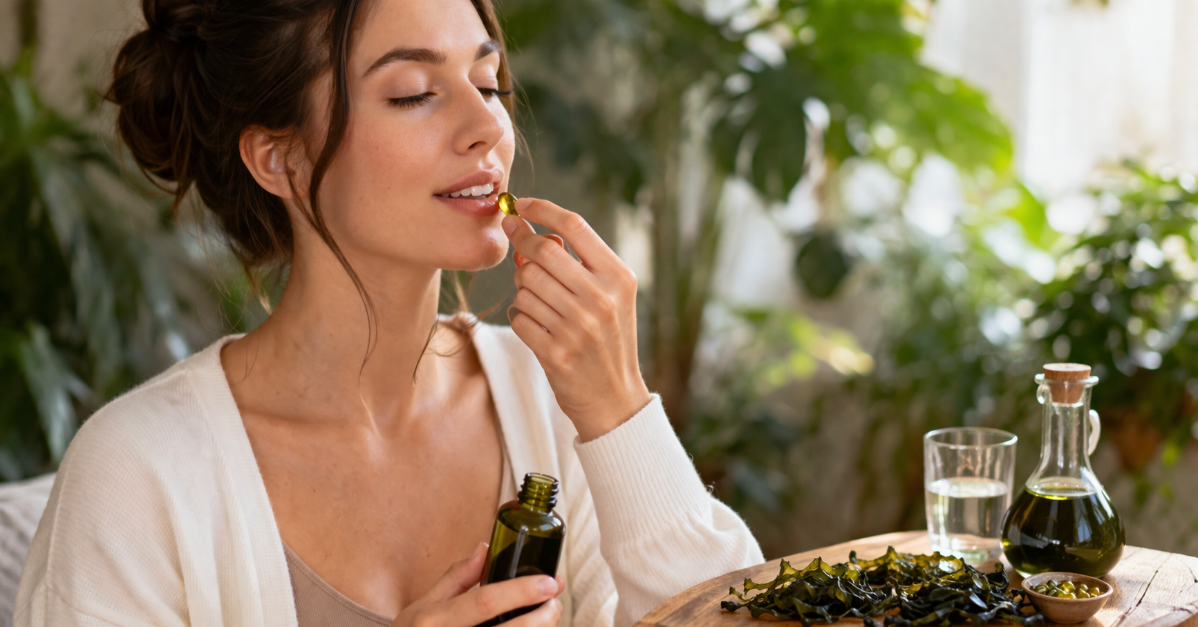 Frau nimmt Omega-3 Algenöl Kapsel in heller natürlicher Umgebung mit pflanzlichen Zutaten