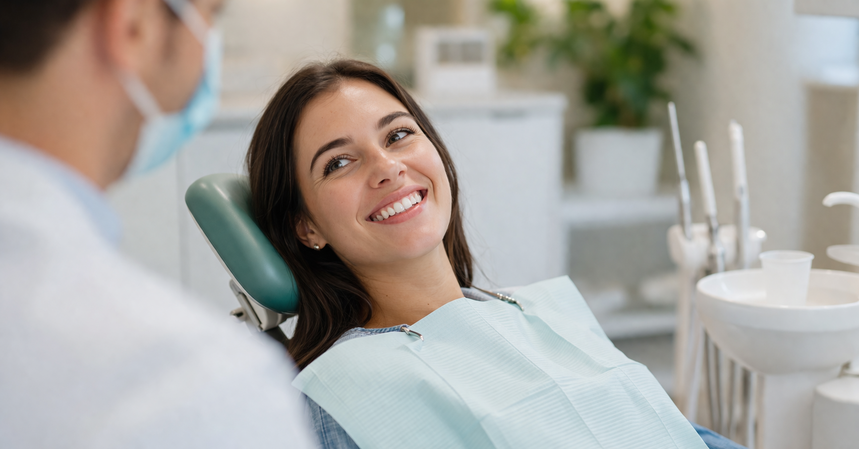 Frau sitzt entspannt im Zahnarztstuhl und lächelt – Symbol für Mundgesundheit und ihre Verbindung zur ganzheitlichen Gesundheit laut TCM