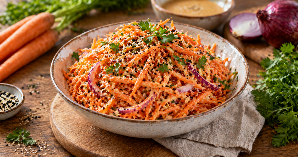 Möhrensalat mit Sesamsoße, roten Zwiebeln und frischer Petersilie in einer Schüssel