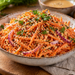 Möhrensalat mit Sesamsoße, roten Zwiebeln und frischer Petersilie in einer Schüssel