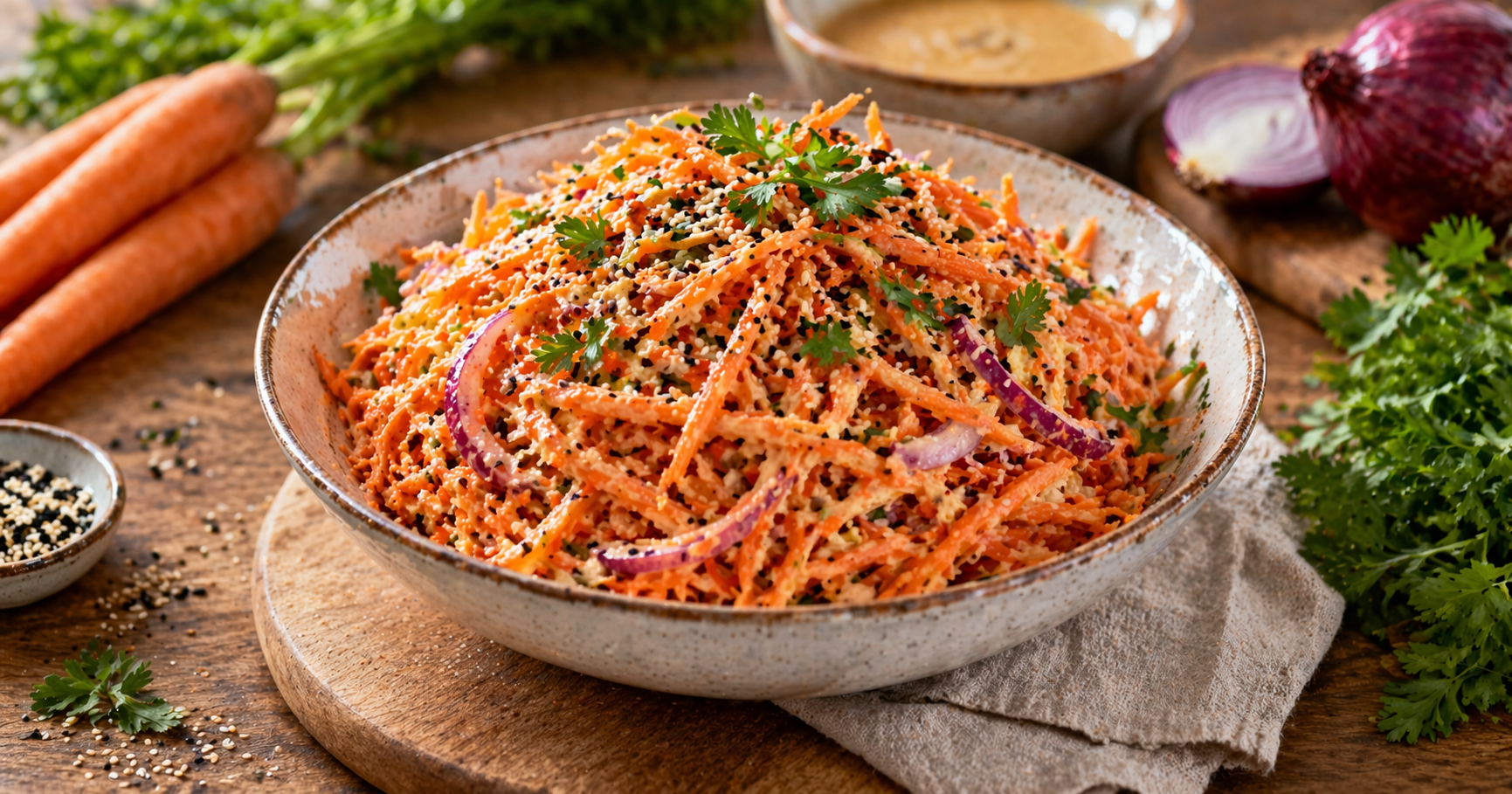 Möhrensalat mit Sesamsoße, roten Zwiebeln und frischer Petersilie in einer Schüssel