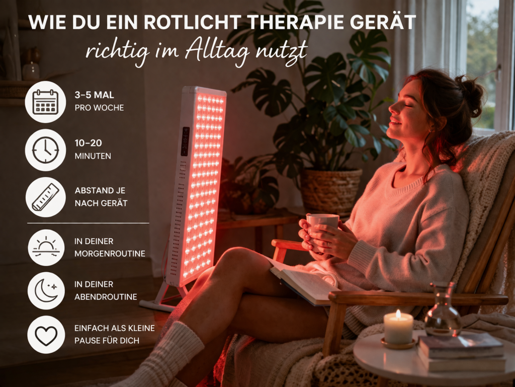 Frau entspannt im Sessel vor einem LED Rotlichttherapie Gerät und integriert die Anwendung in ihre tägliche Morgen- oder Abendroutine zur Unterstützung von Regeneration und Wohlbefinden