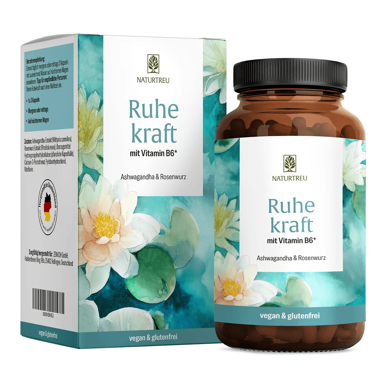 Naturtreu Ruhekraft mit Ashwagandha, Rosenwurz und Vitamin B6 zur Unterstützung bei Stress und innerer Unruhe.