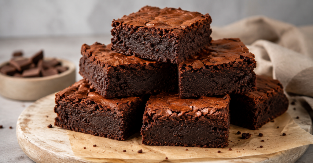 Saftige fudgy Brownies mit intensiver Schokolade auf einem Holzbrett angerichtet