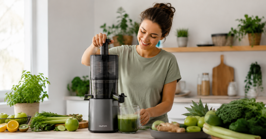 Glückliche Frau presst frischen Gemüsesaft mit einem Hurom Entsafter in einer hellen Küche. Auf der Arbeitsfläche liegen frisches Obst und Gemüse wie Grünkohl, Sellerie, Äpfel und Zitrusfrüchte für eine nährstoffreiche Saftzubereitung.