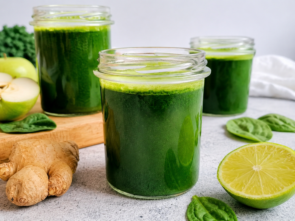 Drei Gläser mit frischem grünem Gemüsesaft aus Gurke, Sellerie, Spinat, Petersilie, Zitrone und Ingwer auf einer hellen Arbeitsfläche. Umgeben von frischen Zutaten wie Limette, Spinatblättern und Ingwerwurzel.