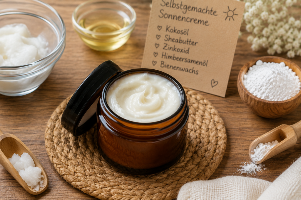 Selbstgemachte Sonnencreme in einem Braunglastiegel, umgeben von natürlichen Zutaten wie Kokosöl, Sheabutter, Zinkoxid und Pflanzenöl auf einem Holztisch.